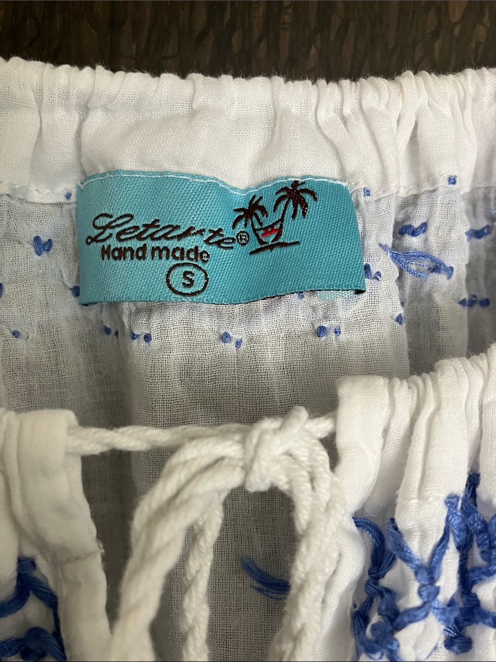 LETARTE Boho Peasant Top White w/ Blue Hand Embroidery Delicate Cotton Size S - Picture 2 of 9